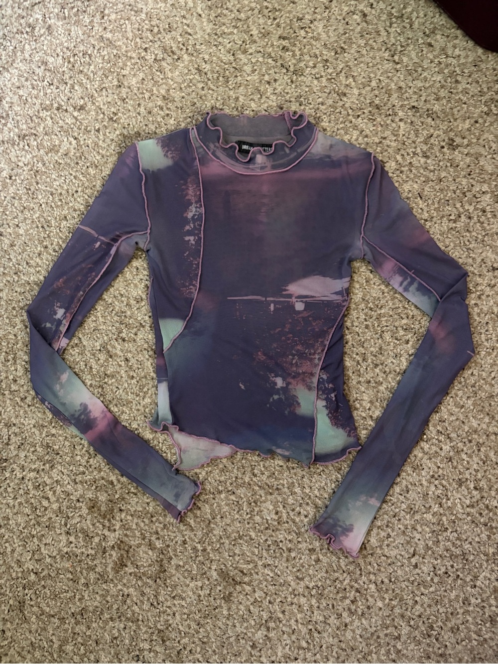 Urban Outfitters Purple Tie-Dye Ruffle Mesh Long Sleeve Top